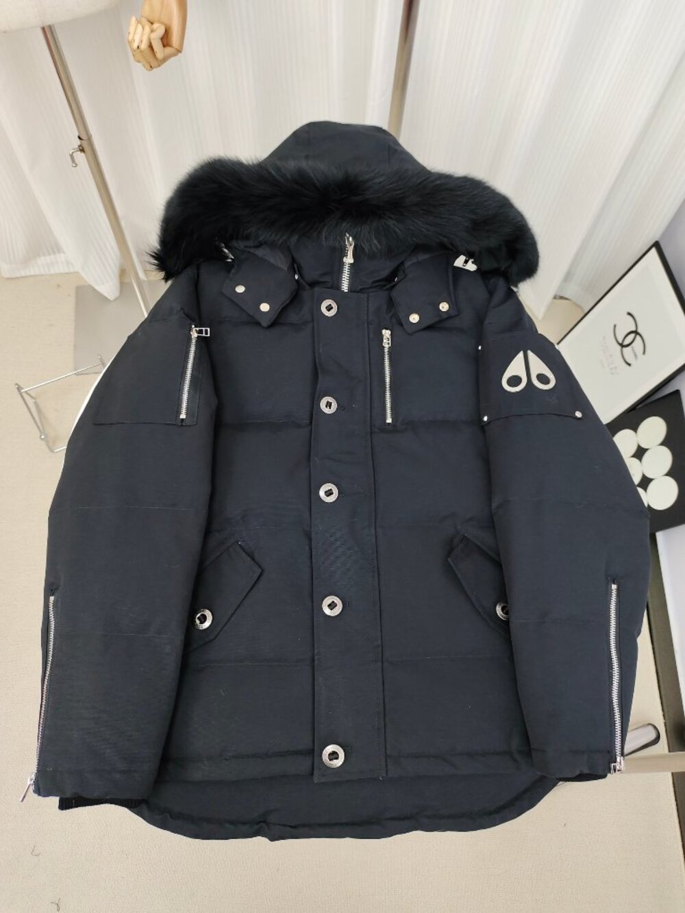 Moose Knuckles Black Down Parka Large Fur Hood Silver Hardware Winter Jacket